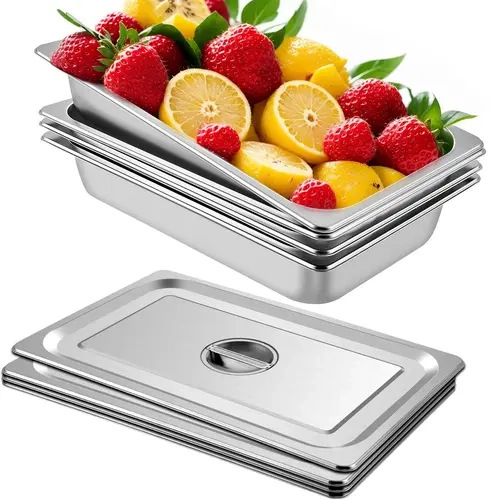VEVOR 4-Pack Full Size Stainless Steel Steam Table Pans, 20.9x12.8x3.9in 13L Deep Anti-Jam Food Containers with Cover, Heat Preserv., Polished Mirror Smooth Surface, Hotel/Oven Trays for Family Use