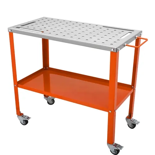 VEVOR Carbon Steel Welding Table - 36x18in Metal Rust-Resist Plate, 1200lbs Stable Load Capacity, Lightweight Lockable Caster Workbench, 4 Tool Slots, 5/8-in Fixture Holes, Easy-Clamp Fixtures, Tool Tray Storage, Effortless Assembly, Fixturing-Convenient