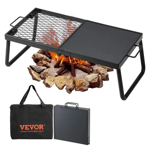 Outdoorgear 22.4 Inch Rust-proof Steel Portable Camp Kitchen, Folding Half Grill & Griddle Combo - Heat-resistant for Campfire/BBQ Party, Picnic, Open Flame Cooking with Carry Bag, Camping Accessories