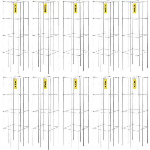【Summerfinds】VEVOR 10-Pack Square Foldable Tomato Cages, 11.8"x11.8"x46.1" Silver PVC-Coated Steel Metal Trellis, Vertical Planter Tower, Fruit Stays Off, Folds to 1/4 Width, Climber Supports, Great for Balcony Gardens, Netting-Compatible Garden Accessory