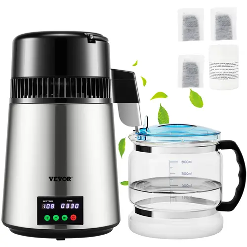 【Summerfinds】VEVOR 1.1 Gal 304 Stainless Steel Countertop Water Purifier Distiller - 0.3 Gal/H 750W Unit, 0-99H Timing, Temp Display, Glass Carafe, Cleaning Powder, 3 Carbon Packs, Filter Cartridge, Silver Transparent Water Tank, Activated Carbon, Temp Co