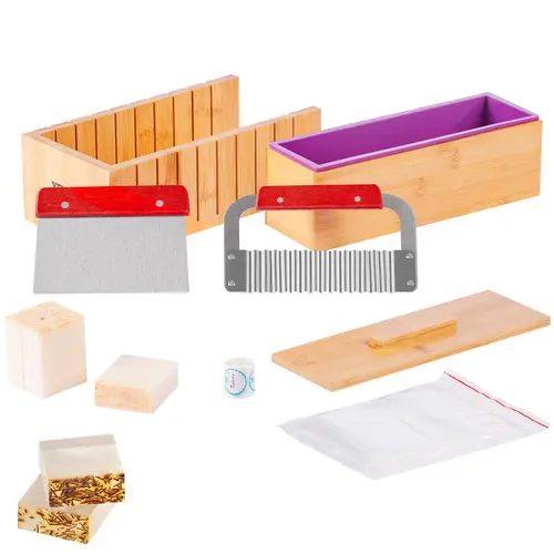 Beginner's Soap Making Kit with Soap Making Tools for Home - Antibacterial 304 Stainless Steel 2 Slicers (Straight & Wavy, 1-Inch Precise Cutting), Bamboo Cutting Box with Inner Box, Silicone Molds, 100 Bags, 105 Stickers (TikTokShopBlackFriday), 2 Stainl