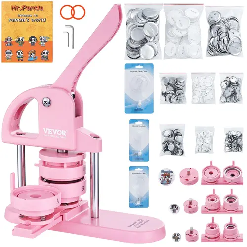 VEVOR 3-IN-1 High-Strength ABS Body Button Maker Machine, 1/1.25/2.28in (25/32/58mm) Pin Maker, 300pcs Button Parts, Ergonomic Arc Handle Punch Press Kit, Magical Panda Book Sparks Creativity, for Handmade Crafts Making, Pink Children DIY Gift