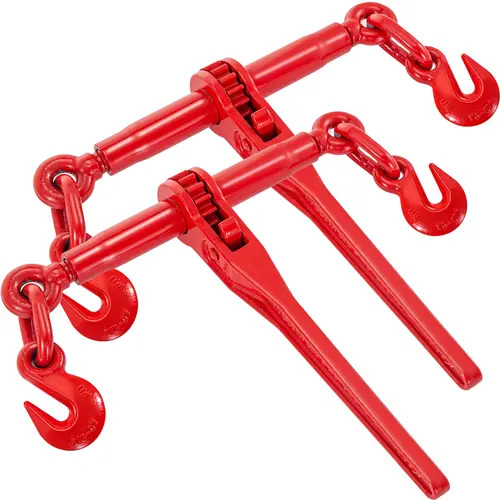 VEVOR 2-Pack Red Powder Coat All-Steel Heavy Duty Industrial Ratchet Binders, 9215LBS Working Load, 13000LBS Loading Capacity, 14" Long Handles, 3/8"-1/2" G70 Hooks, Pawl Design, Adjustable Length, G70 Chain Ready, Logging Tie Down Hauling Tools