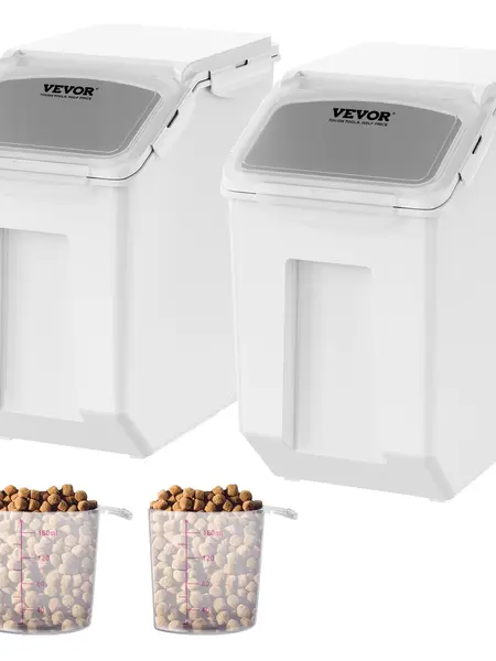 【Father's Day Gift】VEVOR 2-Piece Stackable Airtight Dog Pet Food & Snack Container Set, PP Bins with Ingredient Dispenser, Variable Sizes, Measuring Cups, Attachable Casters, Spill-Free Hold for Kitchen Rice, Cereal, Flour, Storage Organizer