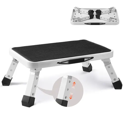 【Summerfinds】VEVOR 1-Step Folding Steel Step Stool with 330lbs Weight Capacity, 3 Adjustable Heights, Non-Slip Sturdy Design, Compact Build, Side Handle for Seniors, Kid Room, Bathrooms