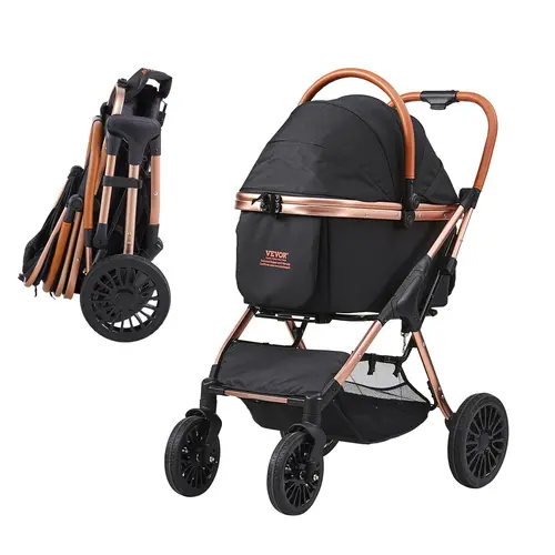 VEVOR Pet Dog Stroller, 4-Wheel with Reliable Braking System, 66 lbs Capacity, Detachable Fabric Carrier with Metal Buttons, Storage Basket & Pet Pad, Ample Storage Space, for Small-Medium Dogs, Black