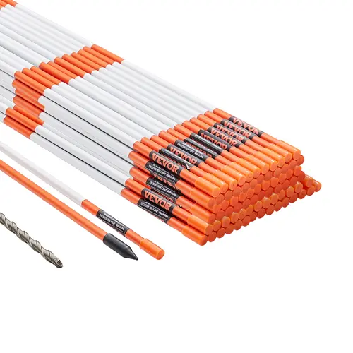 VEVOR Outdoor Driveway Markers Set Pack, 100 PCS 48in 0.4in Diameter Durable & Non-Fading Lightweight Orange Fiberglass Snow Stakes with Reflective Strip, 12in Steel Drill Bit & Gloves for Courtyards, Parking Lots, Easy Installation, Security