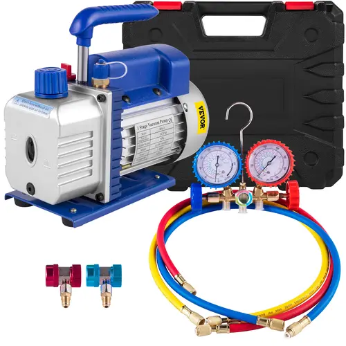 【DealsForYouDays】VEVOR 3CFM 1/4HP Single Stage Air Vacuum Pump HVAC R134a R12 R22 R410a A/C Refrigeration Kit AC Manifold Gauge R134 Can Tap Included Carrying Tote, Tool Kit Set,father'sdaygifts