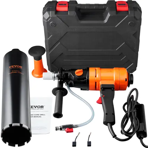 【Summerfinds】VEVOR 1500W Heavy Duty Handheld Wet Diamond Core Drilling Machine, 4in Rig with 1100-2400RPM 2-Speed, 1-1/4" Thread, 2 Bubble Levels, 3-4in Diameter for Concrete Brick Block Stone, Power Tools with Diamond Bit & Drill Bits for Tough Jobs