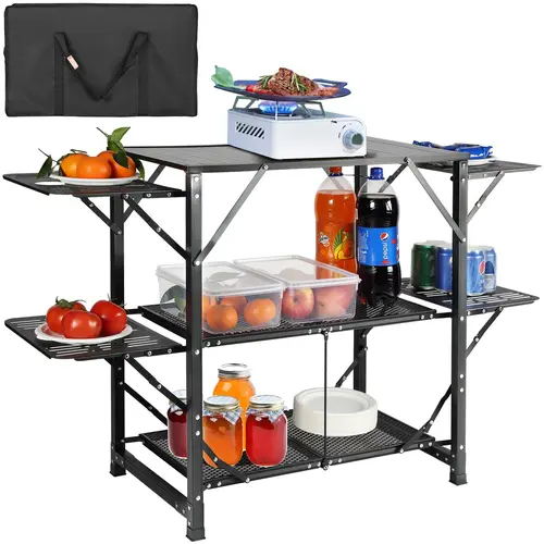 VEVOR Camping Kitchen Table,  One-piece Folding Portable Cook Station with A Carrying Bag, Aluminum Camping Table 4 Iron Side Tables & 2 Shelves, Ideal for Outdoor Picnics, BBQs, Camping, RV Traveling, Camping Furniture, Lightweight Outdoor Table