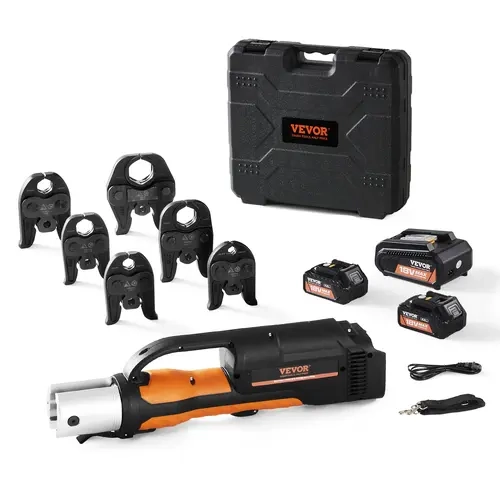 【Summerfinds】VEVOR 18V Electric Pro Press Tool Kit with LED Display, LED Battery Check, Auto Return - 1/2"-2" Stainless/Copper/PEX Pipe Crimping, 6 Jaws, 2x4AH Batteries, Fast Charger, Carrying Case, Forged Steel