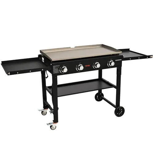 VEVOR Commercial Griddle on Cart, Summervibes,36" Heavy Duty Manual Flat Top Griddle, Outdoor Cooking Station with Side Shelves, Steel LPG Gas Griddle, 4-Burners Restaurant Portable Grill - 60,000 BTU,home essentials