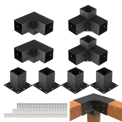 VEVOR 4"x4" Pergola Bracket Kit, 4 Pcs 3-Way Heavy-Duty Corrosion-Resistant Carbon Steel Corner Mounts, Rain-Shedding Base with Drain Holes Protect, 16 Stainless Expansion Screws, 2 Base Plates & Full Accessories for Garden Patio Deck