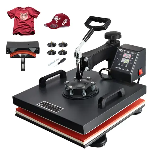 VEVOR 110V Heat Press Machine, 38x38cm & 14x7.6cm Plates with 5.5x3in Curved Press, 360° Swing Away, Digital Precise Control, Fast Even Heating for DIY Projects (Black), 38 X 38 Cm