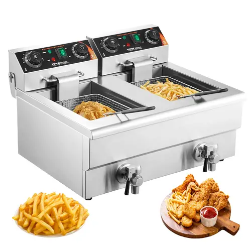 【Summerfinds】VEVOR 3000W Commercial Electric Countertop Stainless Steel Fryer - Dual Tank with Basket, Quick Heating, Dual Cooking Fryers, Cool-Touch Handle, Auto Shut-Off for Home & Commercial Use