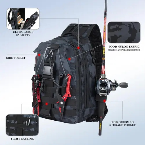 Convertible Fishing Backpack - 1000D Nylon Fabric Water-Resistant Fishing Rod Carrier for Men, Outdoor Sling/Chest Tackle Bag with Rod Holder, Molle Straps (Accessories Not Included)