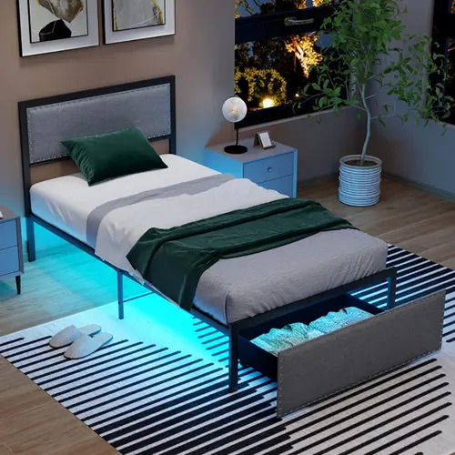 Spaco Twin Upholstered Platform Bed Frame with Linen Fabric Headboard, LED Lights (App/Remote Control), 1 Storage Drawer, Metal Slats Support, 12" Underclearance, 8-10" Mattress Fit, Box-Spring-Free Use for Teens