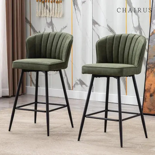 CHAIRUS Waterproof PU Leather Counter Height Bar Stools Set of 2, 25.5in Shell Back Fabric Padded Chairs with Stable Metal Legs & Footrest, Home Bar Island Stools for Kitchen Pub Green