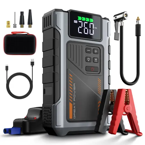 Geeneu Portable Car Jump Starter W100 12000mAh with Air Compressor (8.0L Gas & 6.5L Diesel) 150 PSI Tire Inflator, LED Light, 12V Car Battery Jump Power Autos Automotive Vehicle Carjack Tool Kit
