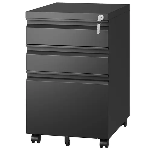 Letaya Durable Lockable Mobile Steel Filing Cabinet - 3 Metal Lockable Drawers, Wheels, Fully Assembled, Fire Protection, Rolling, Wheel Locks, Space-Saving, Portable Under Desk Office Furniture for Letter, Legal & A4 Black Storage (Home Use), Modern