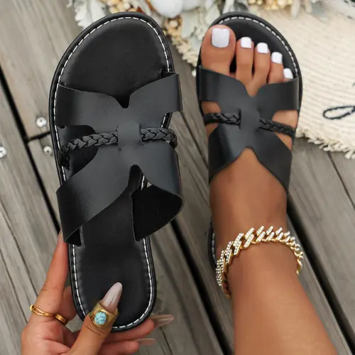 Women's Bow-Decor Design Casual Comfy Slip-On Flat Sandals, Fashionable PU Slides, All Match Sandals, Beach Slides Footwear, Beach Walking Sandals, Open-Toe Rubber Slides for Beach, Work, Daily Wear and Summer