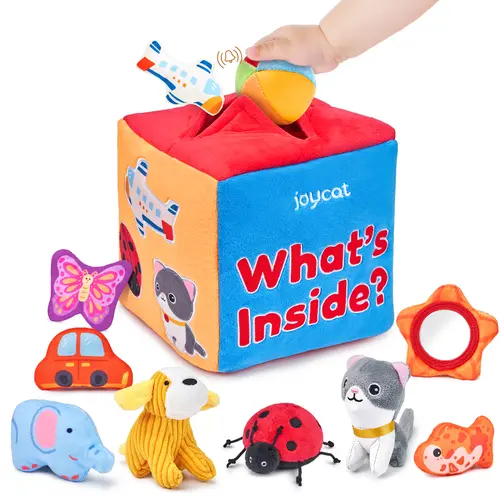 JoyCat Baby Toys 6-12 Months, Mystery Soft Box 10 Sensory Objects, Rattle, 10 sensory objects in a mystery box encourage baby exploration with rattles, crinkles and mirror play for early learning, Cute