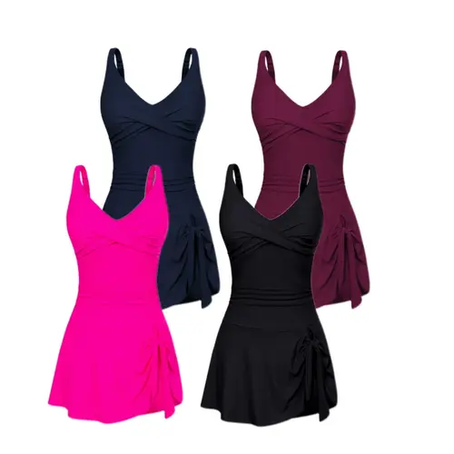 Grace Karin Women's Stylish V-Neck Ruched Swimdress - Adjustable Strap Bathing Suit, Casual Vacation Beachwear Swimsuits, Summer Beach Pool Wear, S-2XL Plus-Size Friendly Swimwear
