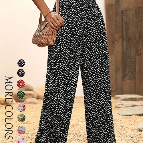 Women's Ditsy Floral Print Shirred Wide Leg Pants, Boho Bohemian Frill Trim High Waist Trousers for Spring & Fall, Women's Bottoms for Daily Wear, Baggy Leggings