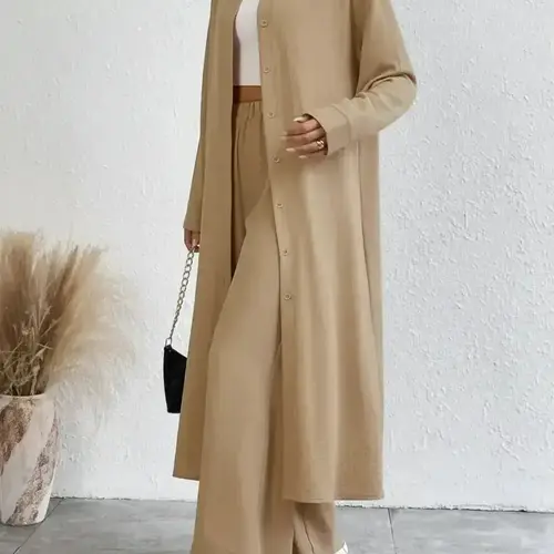 Women's Solid Button Front Shirt & Wide Leg Pants Two-piece Set, Casual Drop Shoulder Long Sleeve Top & Trousers Set, Women's Clothes for Daily Wear, Casual Loungewear Set, Casual Suit Set, Casual Matching Set