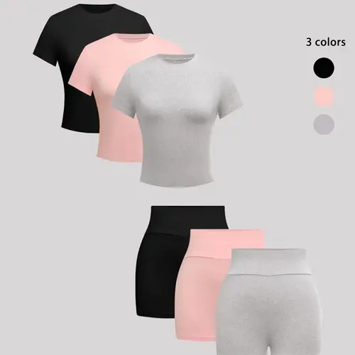 Women's Basic Solid Round Neck Soft Jersey Tee Medium & Skinny Shorts Set, Casual Style Short-Sleeve T-Shirt & Short Leggings, Women's Summer Fashion Clothes, Matching Sets