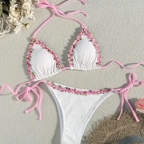 Women's Floral Embroidery Bikini Set, Boho Fashion Tie Back Halter Triangle Swim Bra & Tie Side Swim Bottom, Ladies Summer Swimwear for Beach Holiday Vacation, Floral Bikini Top, Swimsuits Bikini Set