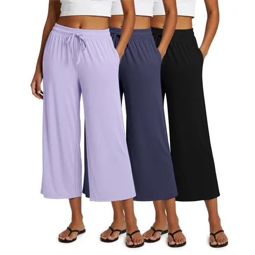 Real Essentials 3 Pack: Women's Ultra-Soft Wide Leg Loose Capri Open Bottom Pants - Yoga Lounge Pockets(Available in Plus)