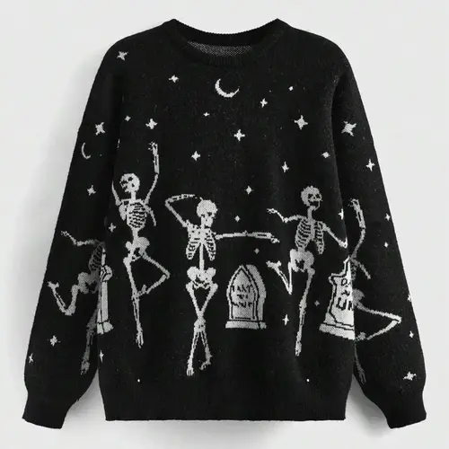 Women's Halloween Skeleton & Star & Moon Print Round Neck Soft Sweater, Casual Long Sleeve Crew Neck Jumper for Fall, Halloween Costumes, Fashion Ladies' Knitwear for Daily Wear, Womenswear, Graphic Knitwear, Fashion Knitwear Clothing