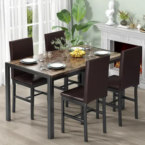 Recaceik Upholstered Dining Set - 4-Piece Classic Modern Wood Dinette, Rectangular Marble Finish Table with Sturdy Legs, PU Leather Chairs, Floor-Safe Pads, Space-Saving for Small Home Kitchen, Indoor Furniture for Friends