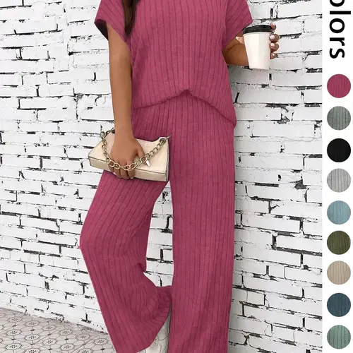 Women's Solid Ribbed Drop Shoulder Tee & Wide Leg Pants Two-piece Set, Basic Minimalist Casual Fit Short Sleeve Round Neck T-shirt & Trousers for Summer, Ladies Clothes for Daily Wear, Womenswear, Casual Outfits Women