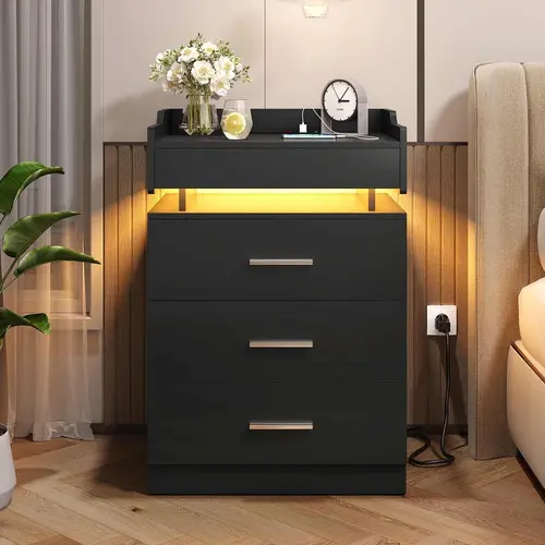 Sikaic Large Nightstand with Charging Station and LED Lights, Black Night Stand with 3 Drawers and 1 Pull-Out Tray, End Side Table with Storage, Modern Bedside Table with Outlets, Home Furniture Christmas Gifts [SohoChic]
