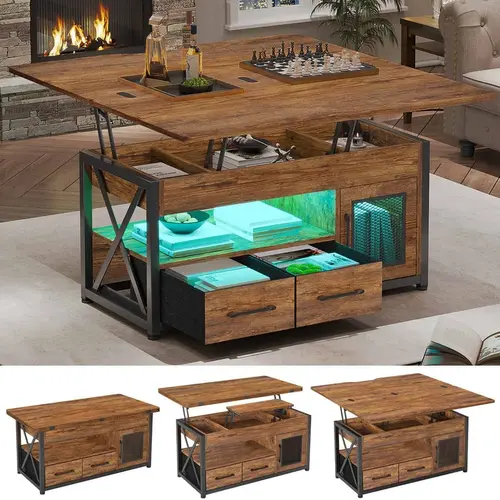 Sikaic 40" Lift Top Coffee Table, 4 in 1 Coffee Tables with Storage Cabinet for Living Room, Small Farmhouse Coffee Table with 2 Fabric Drawers & LED Light for Dining Room, Home Furniture Christmas Gifts [SohoChic]