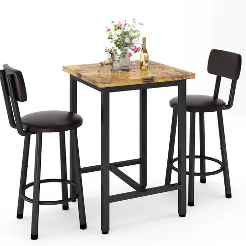 Recaceik 3-Piece Modern Design Pub Dining Set - 24x24 in Counter Height Bar Table with 2-Person Stools, Rustic Brown Antique Furniture, Sturdy Metal Frame, MDF+Metal Compact Build for Home Bar, Kitchen Use