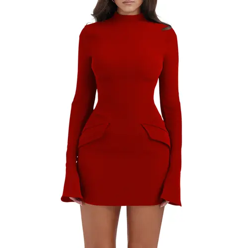 OYS Women's Long Sleeve Mock Turtle Neck Bodycon Mini Tank Short Party Dress with Decorative Pockets & Zipper Back