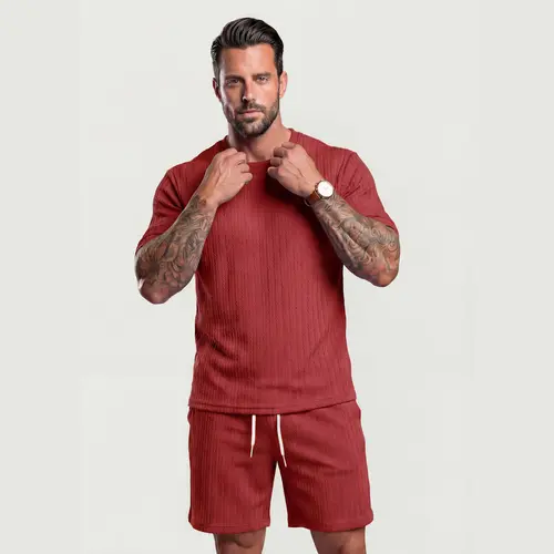 KZZ Men's Classic 2-Piece Plain Matching Set, Relaxed Fit Solid Textured Drop Shoulder Short Sleeve Crew Neck Tee & Drawstring Waist Shorts, Chic Spring Summer Loose Casual Outfits, Christmas Gifts for Him, Matching Sets