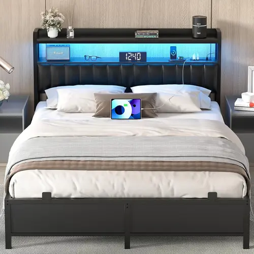 Bed Frame with Adjustable Upholstered Leather Headboard ＆ Charging Station ＆ LED Lights,Steel Slat Support,Modern Bedroom Apartment Interior Furniture Outdoorfun,dorm essentials,home decor