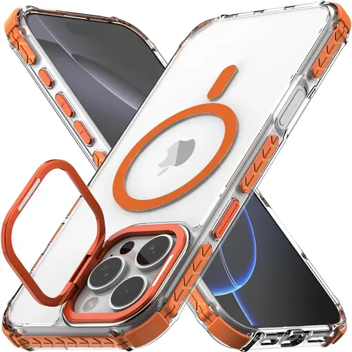 MagSafe-Compatible Translucent Smartphone Casing - Heavy-Duty Shockproof Bumper Protector with Camera Stand for 17 Air,16,15,14 Plus,13,12 Pro Max Mobile Phones | Cellphone Accessories, Cover