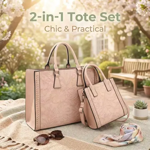 BagParty Spring Fashion 2-Piece Vegan Leather Tote Bag Set - Hibiscus Flower, All Match Trendy Women Working Bag, Everyday Bag for Office Lady