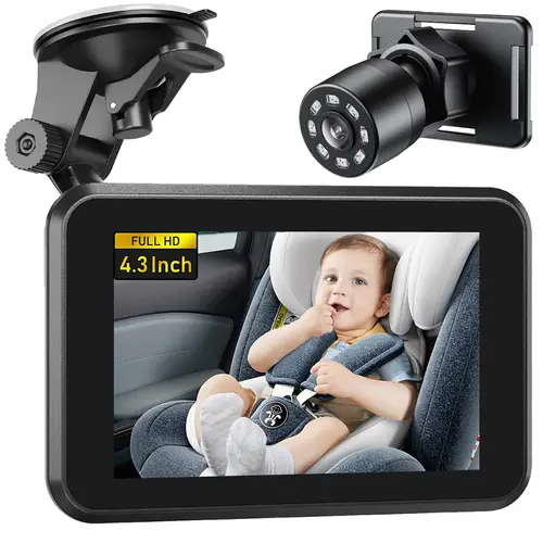 Baby Car Mirror with Temperature Display, 4.3'' HD Night Vision Function Display, Safety Seat Car Camera Monitored Mirror with Wide Crystal Clear View, 5 Mins Easy Installation