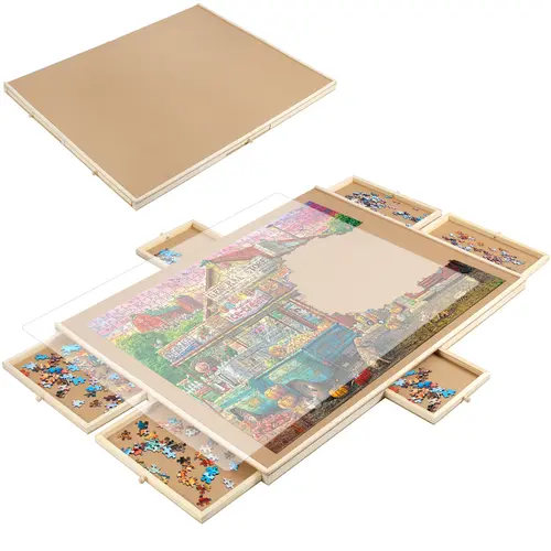 Rotating Plastic Jigsaw Puzzle Board (1500-Piece Capacity) with Drawers & Cover, Dual-Sided 35"x27" Tilting Portable Board, Developmental Family Multi-Piece Puzzle for Adults (10+ Years)
