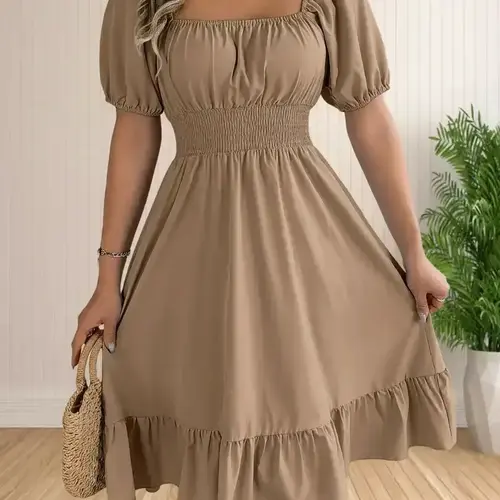 Women's Plain Ruffle Hem Shirred A Line Dress, Casual Fashion Dress, Casual Puff Sleeve Square Neck Knee Length Dress for Summer, Women's Clothing for Daily Wear