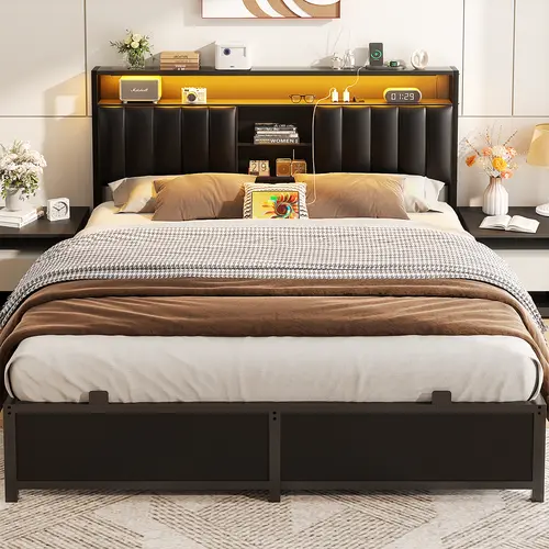 Cyclysio Queen/Full/King Size Smart Bed Frame with Led Adjustable Headboard, Charging Station, Leather Upholstery, Storage - Modern Bedroom Furniture