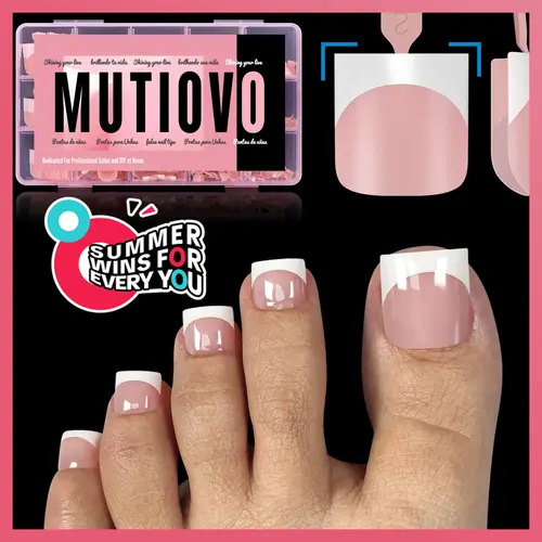 MUTIOVO French Tip Toe Nail Tips Press on, Sharp Square Pre-Designed Soft Gel False Toenail Extension, Pre-applied Tip Primer & Base Coat, Full Cover Acrylic for DIY x 15 Sizes 240 pcs【No glue, top coat, or a UV lamp】
