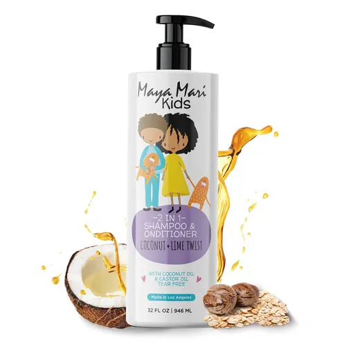 Maya Mari Kids 2-in-1 Shampoo & Conditioner Cleanser - 32 fl oz Tear-Free with Coconut, Castor Oil - Gentle, Moisturizing, Smooth, Restoring Haircare for Curly Locks - Normal Hair, Frizz Control, Silky, Shiny Results